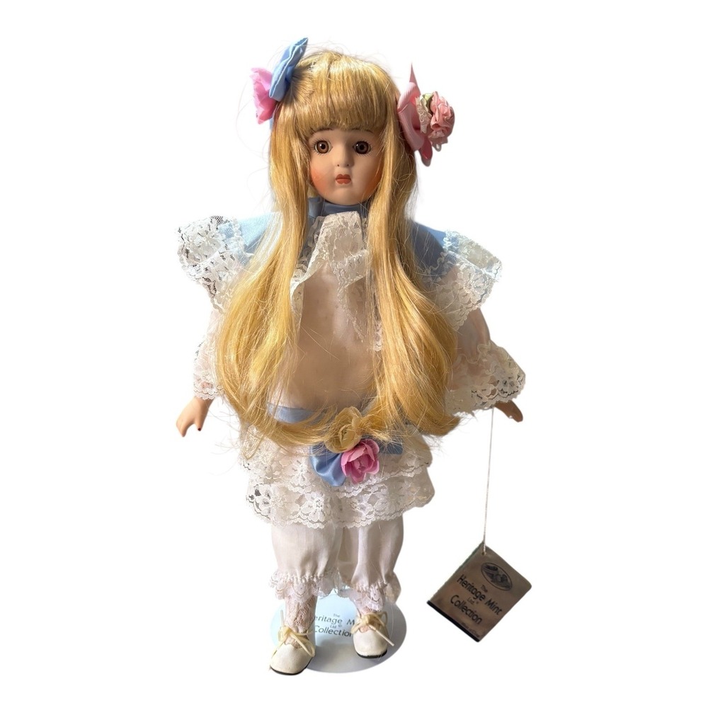 VTG Heritage Mint Collection Porcelain‎ Doll 16" Blonde Hair White Lace Dress
